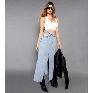Nasty Gal Cut Out Side Split Front Denim Maxi Skirt
